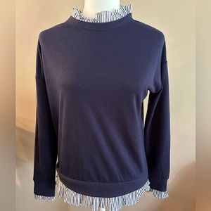 Olivia Warren Navy Blue Twofer Sweater with Stripe Detail, Size S